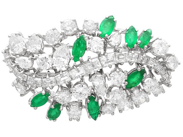 Vintage Emerald and Diamond Brooch in White Gold