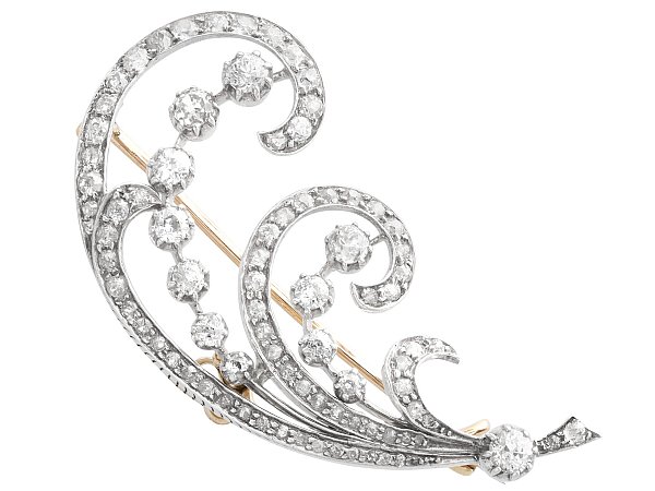 Scrolling Feather Diamond Brooch in Yellow Gold