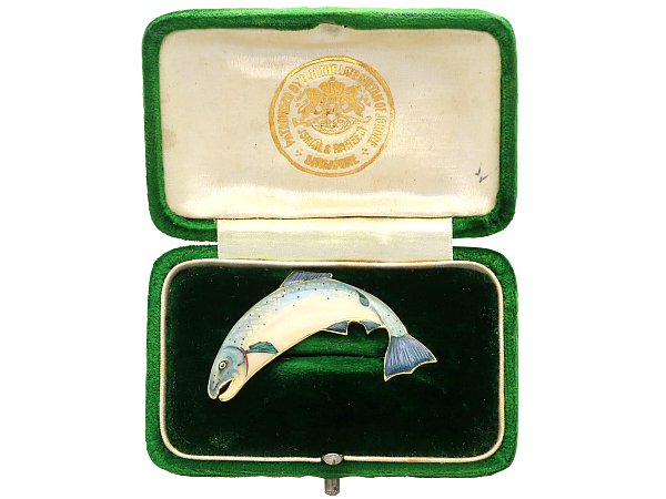 Enamel Salmon Brooch in Yellow Gold - Boxed