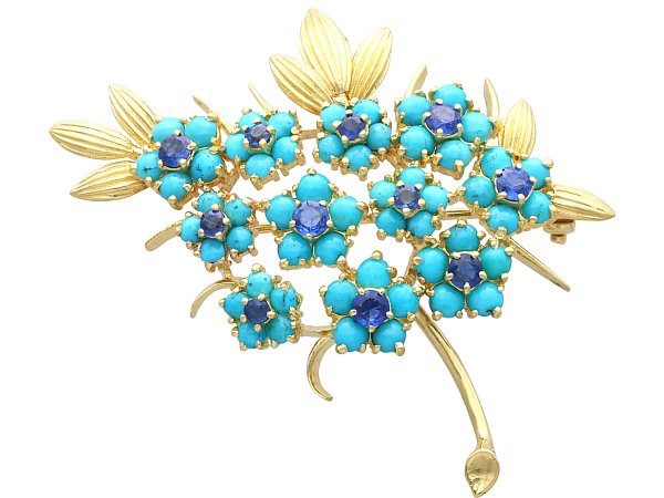 Turquoise Flower Brooch with Sapphires in Gold