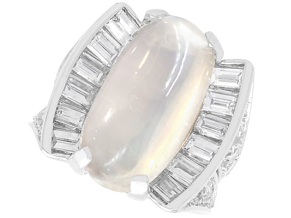 Platinum Moonstone and Baguette Diamond Ring