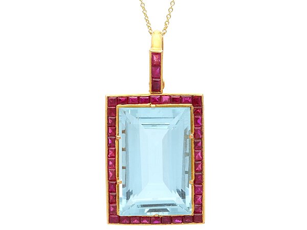 Large Emerald Cut Aquamarine and Ruby Pendant