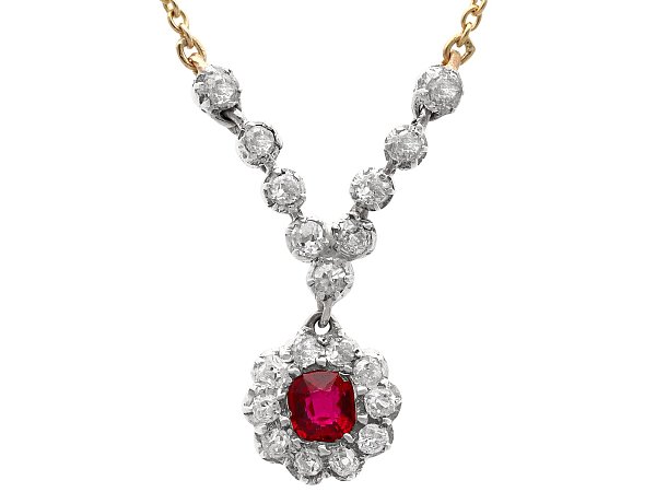 Victorian Ruby Cluster Pendant Necklace with Diamonds