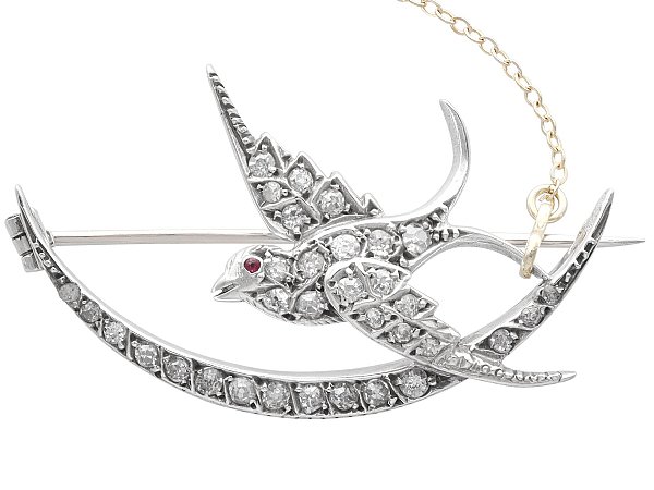 Victorian Swallow and Crescent Moon Brooch