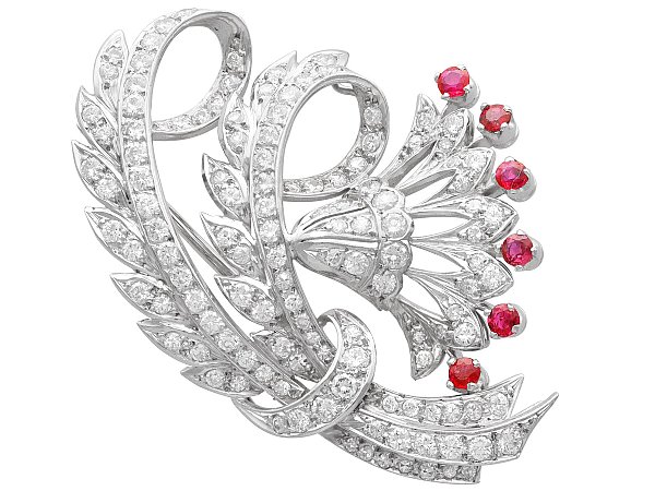 Vintage Floral Diamond and Ruby Brooch 