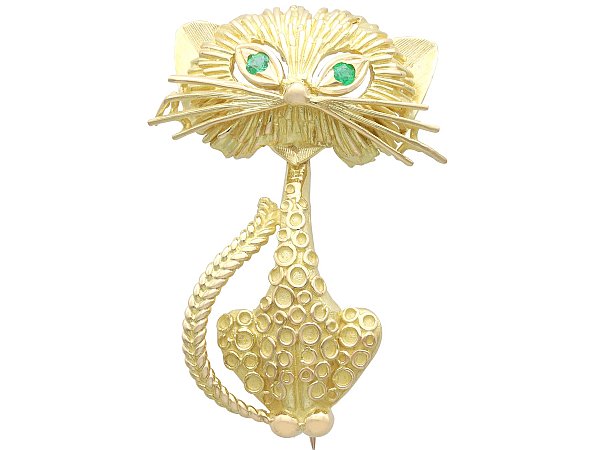 Vintage Gold Cat Brooch with Emeralds for Sale
