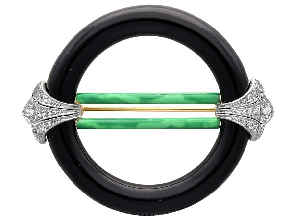 Art Deco Onyx and Diamond Brooch with Enamel