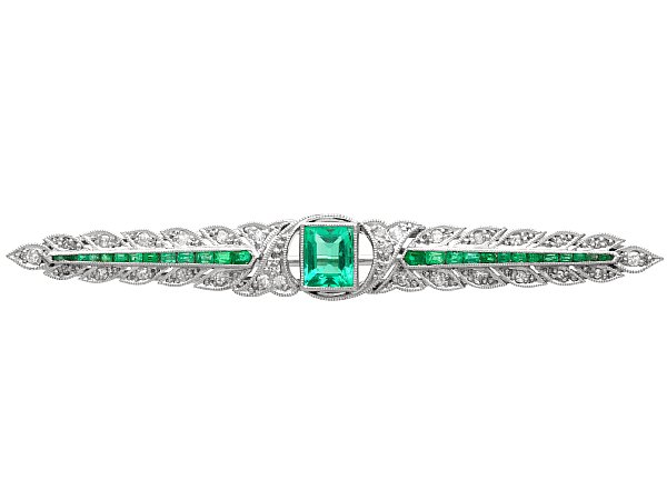 1920s Emerald and Diamond Bar Brooch in Platinum 