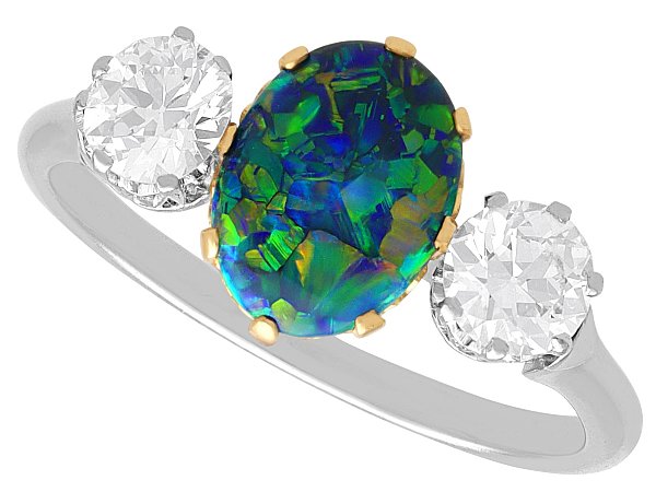 Antique Black Opal and Diamond Trilogy Ring