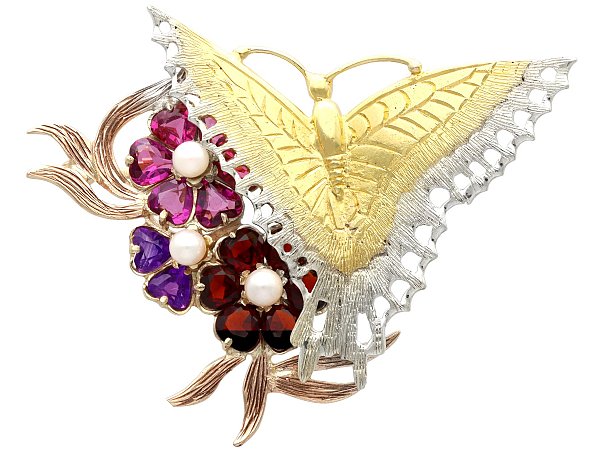Gemstone Butterfly and Flowers Brooch