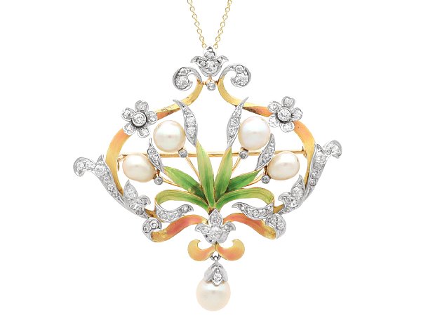 Art Nouveau Pearl Diamond and Enamel Brooch Pendant
