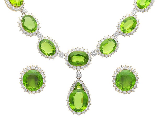 Vintage Peridot Necklace and Earring Set with Diamonds