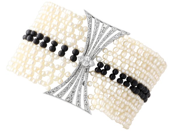 Antique Pearl and Onyx Bead Bracelet with Diamonds