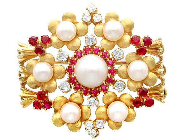 Vintage Gold Pearl and Ruby Brooch for Sale