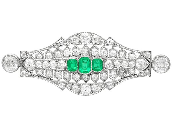 Platinum Emerald and Diamond Brooch Art Deco