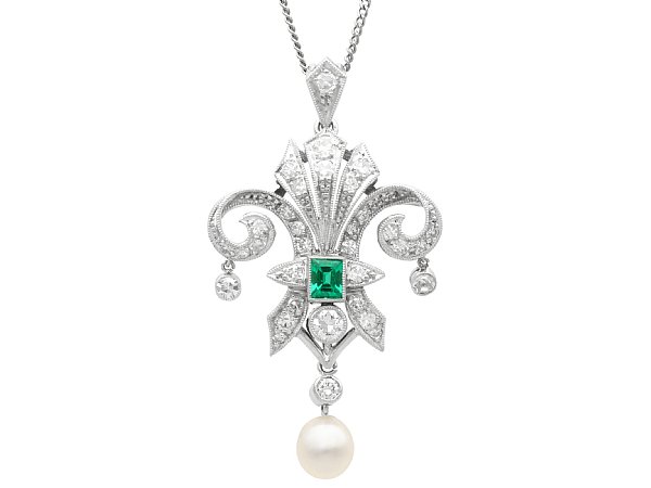 Pearl Diamond and Emerald Pendant Necklace