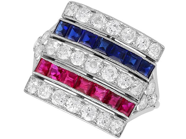 Square Bilateral Style Ruby Diamond and Sapphire Ring