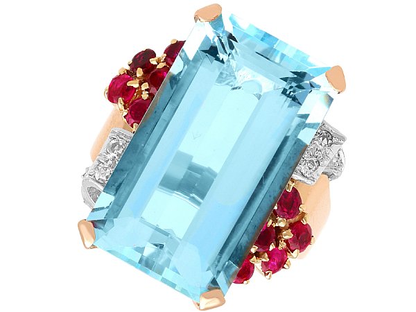 Vintage Aquamarine and Ruby Ring in Rose Gold