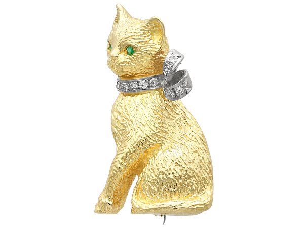 Vintage Gold Cat Brooch with Diamond Bow