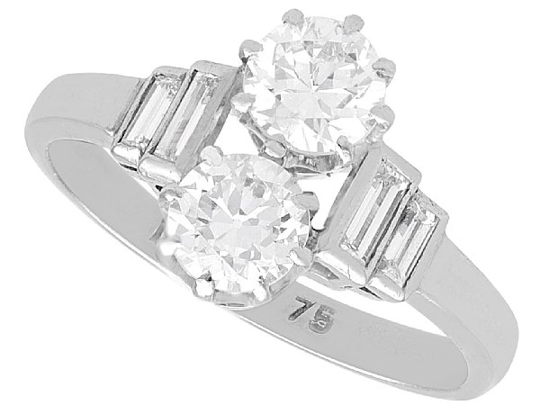 Art Deco Two Stone Diamond Ring with Baguette Shoulders