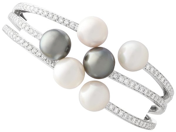 Large Pearl and Diamond Bangle in White Gold