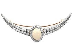 4.75ct Opal and 4.45ct Diamond, 9ct Yellow Gold Crescent Brooch - Antique Victorian