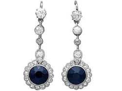1.40ct Basaltic Sapphire and 1.32ct Diamond, Platinum Drop Earrings - Antique Circa 1920