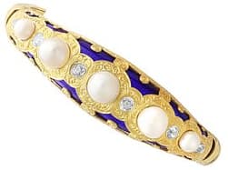 Victorian Pearl and Diamond, Enamel, 20ct Yellow Gold Bangle