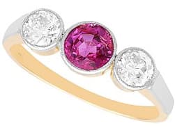 0.96ct Pink Sapphire and 0.80ct Diamond, 15ct Yellow Gold Trilogy Ring - Antique Circa 1900
