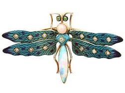 Antique 1.21ct Opal, Garnet, Diamond and Enamel, 14ct Yellow Gold Dragonfly Brooch