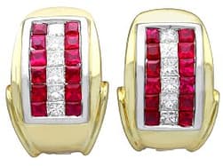 1.22ct Ruby and 0.50ct Diamond, 18ct Yellow Gold Earrings - Vintage Circa 1990