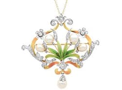 Natural Saltwater Pearl, 2.42ct Diamond, Enamel and 18ct Yellow Gold Pendant / Brooch - Antique Circa 1895