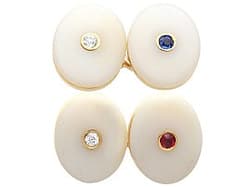 17.64ct Agate, 0.11ct Sapphire, 0.11ct Ruby, 0.19ct Diamond and 15ct Yellow Gold Cufflinks - Antique Circa 1910