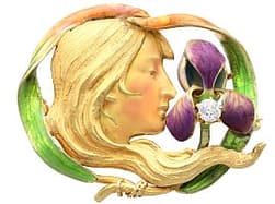 Art Nouveau Diamond, Enamel and 18ct Yellow Gold Brooch