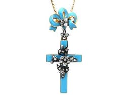 Antique Diamond and Blue Enamel, 15ct Yellow Gold Cross Pendant - Circa 1830