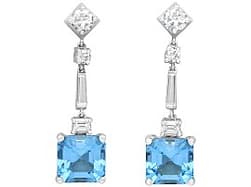 6.20ct Aquamarine and 1ct Diamond, 15ct Yellow Gold Drop Earrings - Art Deco