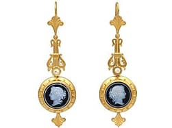 Hardstone, Pearl and 22ct Yellow Gold Cameo Drop Earrings - Antique Circa 1890
