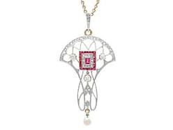 Ruby, Diamond and Natural Pearl, 10ct Yellow Gold Pendant - Antique Circa 1915