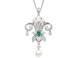 Antique Emerald, Diamond, Pearl and Platinum Pendant
