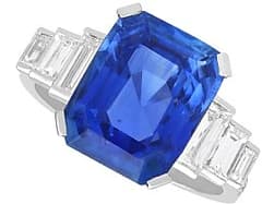 Vintage 8.10ct Ceylon Sapphire and 1.30ct Diamond, Platinum Ring - Art Deco Style