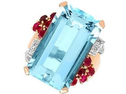 23.20ct Aquamarine, 0.60ct Ruby and 0.10ct Diamond, 14ct Rose Gold Ring - Vintage Circa 1945