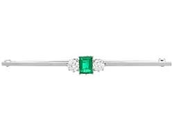 Antique 0.84ct Emerald and 0.80ct Diamond, 18ct White Gold Bar Brooch