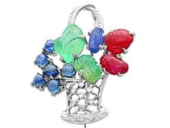 2.10ct Sapphire, 2.92ct Emerald, 3.02ct Ruby, 0.12ct Diamond and 18ct White Gold Tutti Frutti Basket Brooch - Antique Circa 1915