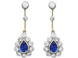 1.80ct Sapphire and 1.40ct Diamond, 18ct Yellow Gold Drop Earrings - Contemporary Circa 2000