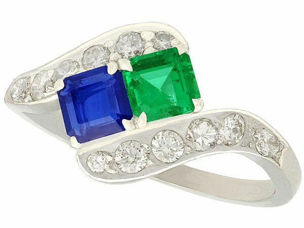 sapphire emerald diamond and platinum twist ring vintage