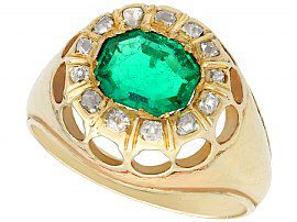 1.22ct Emerald and 0.26ct Diamond, 14ct Yellow Gold Dress Ring - Antique Circa 1900