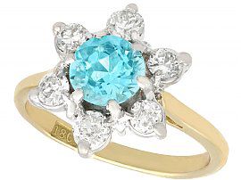 1.18 ct Blue Zircon and 0.60 ct Diamond, 18 ct Yellow Gold Cluster Ring - Antique Circa 1920