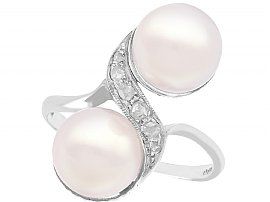 Cultured Pearl and 0.12ct Diamond, 18ct White Gold Dress Ring - Vintage 1961