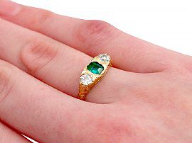 Antique Emerald and Diamond Ring Yellow Gold Wearing Hand