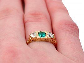 Antique Emerald and Diamond Ring Yellow Gold Wearing Finger